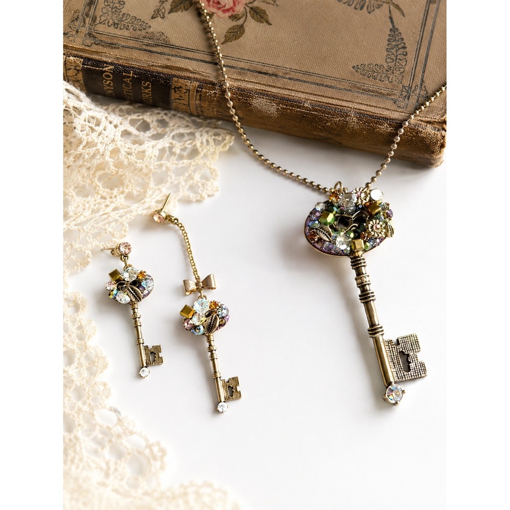 Betsey Johnson Skeleton Key Jeweled Rhinestone Necklace & Earrings Set
